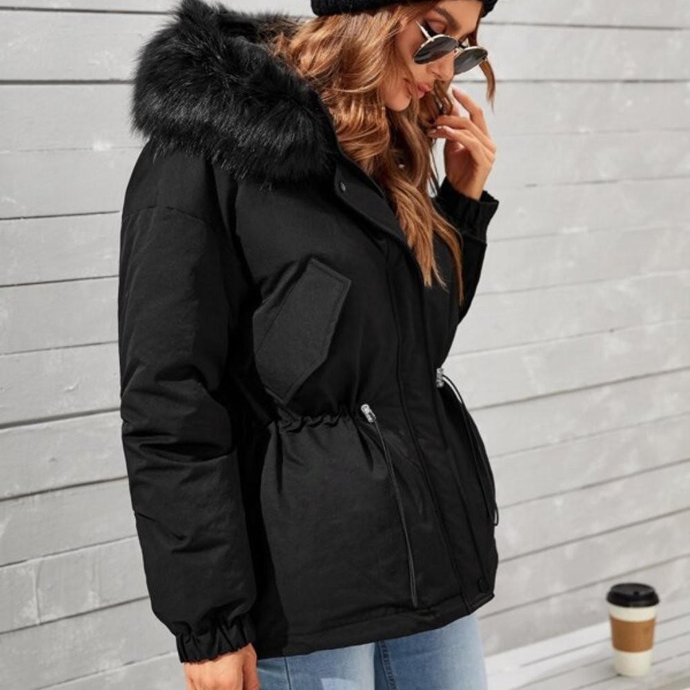 Contemporary Drawstring Waist Parka Winter Coat Black - Picture 4 of 9